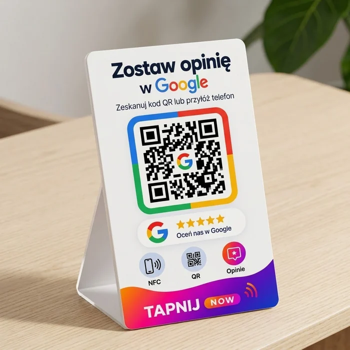Stojak TAPNIJ NOW z kodem QR i NFC na blacie